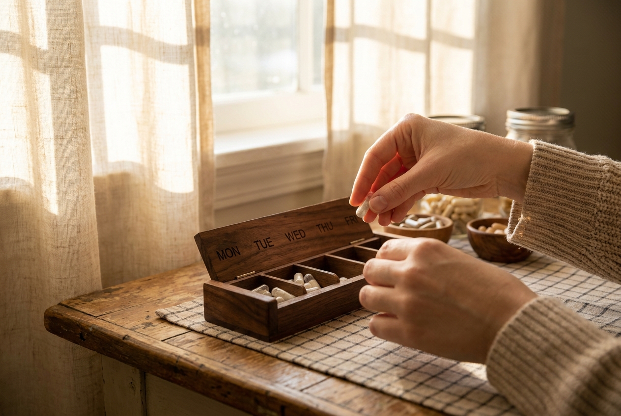 Hands organizing clear supplement capsules into a wooden daily pill box.