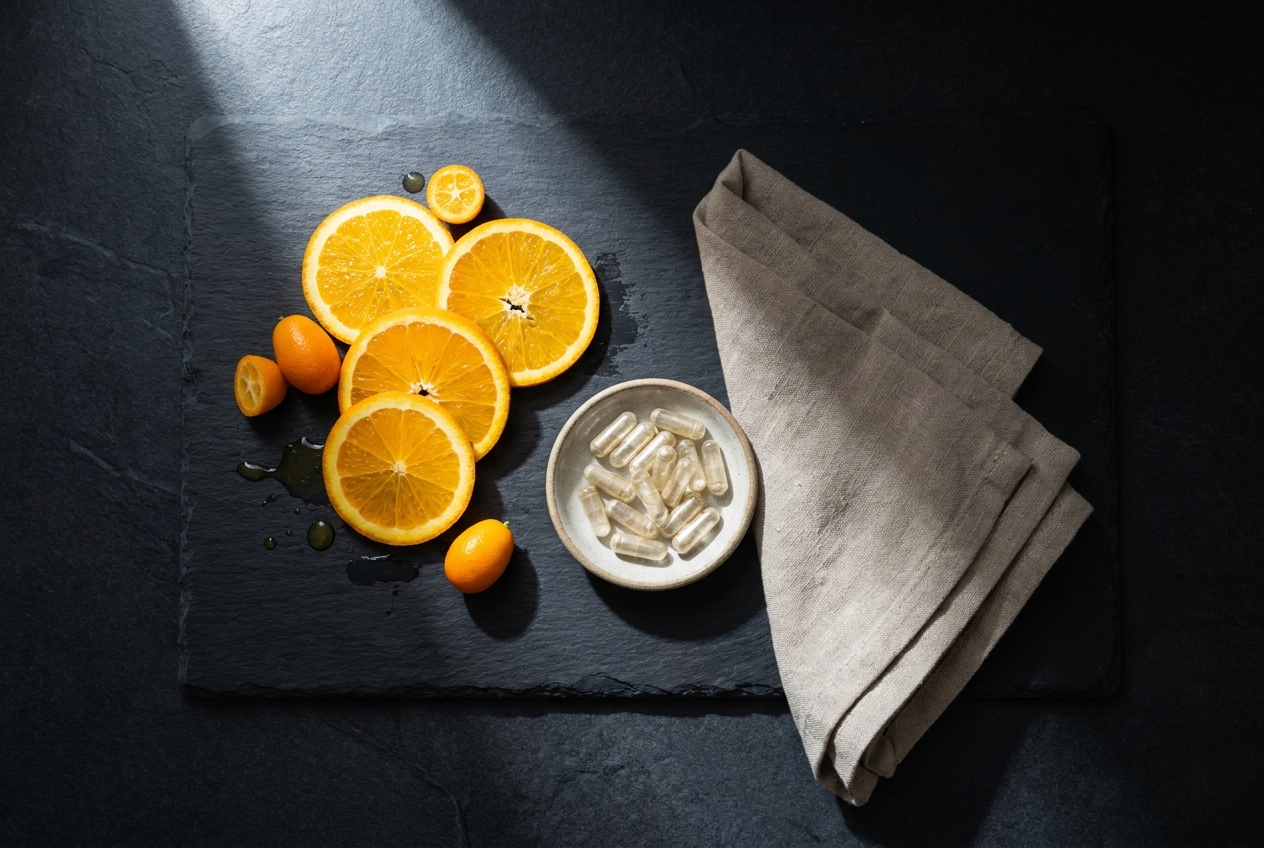 Freshly sliced orange segments beside clear plant-based capsules on dark slate.