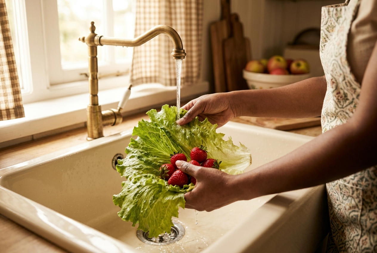 Hands washing crisp lettuce and red berries under running water in a ceramic kitchen sink.