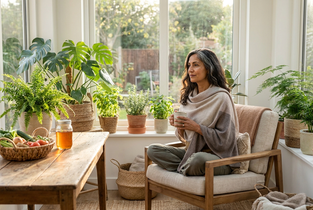 A woman wrapped in a light shawl sitting peacefully by a sunlit window surrounded by plants.