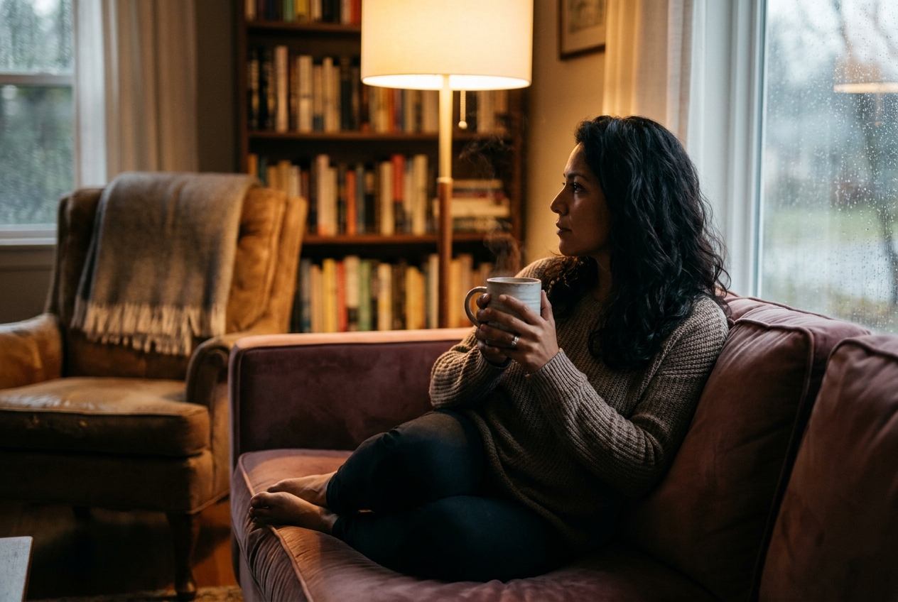 A woman sits thoughtfully by a rainy window, holding a warm mug in a dimly lit, cozy room.