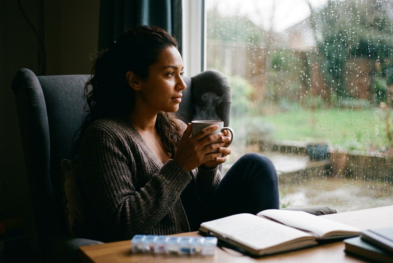A Latina woman sitting by a window holding a warm mug, looking thoughtful in the morning light.