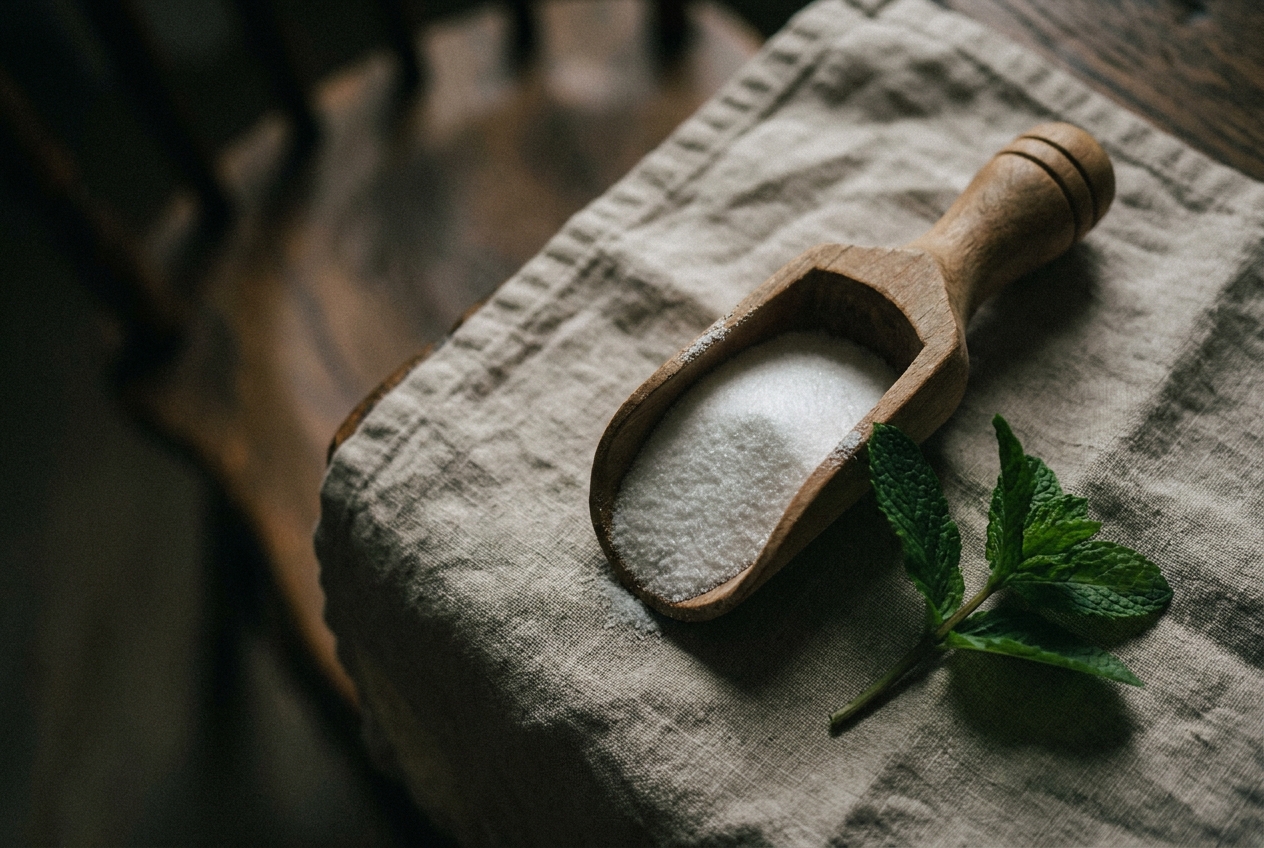 Close-up of a wooden scoop dusted with white powder resting on a textured linen napkin.
