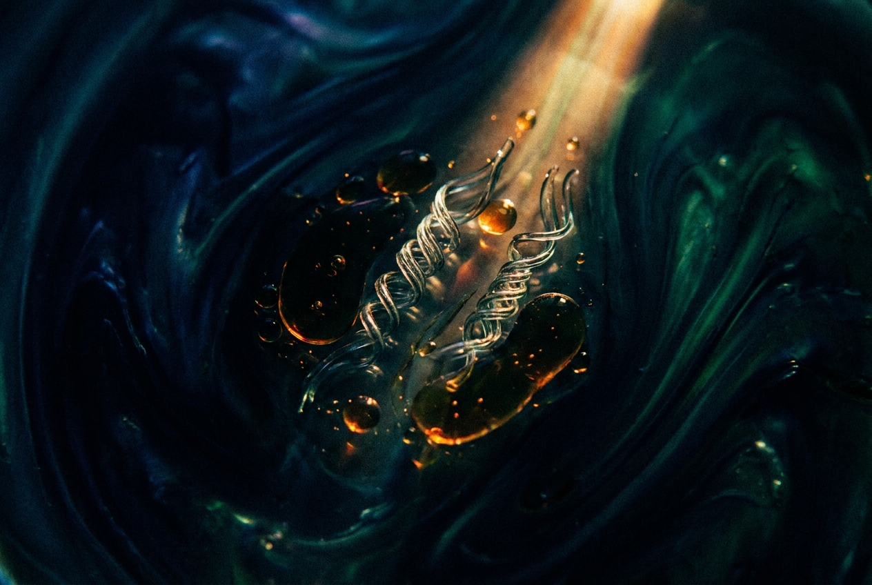 Abstract macro photography of spiraling shapes and lipid droplets in a dark liquid environment.
