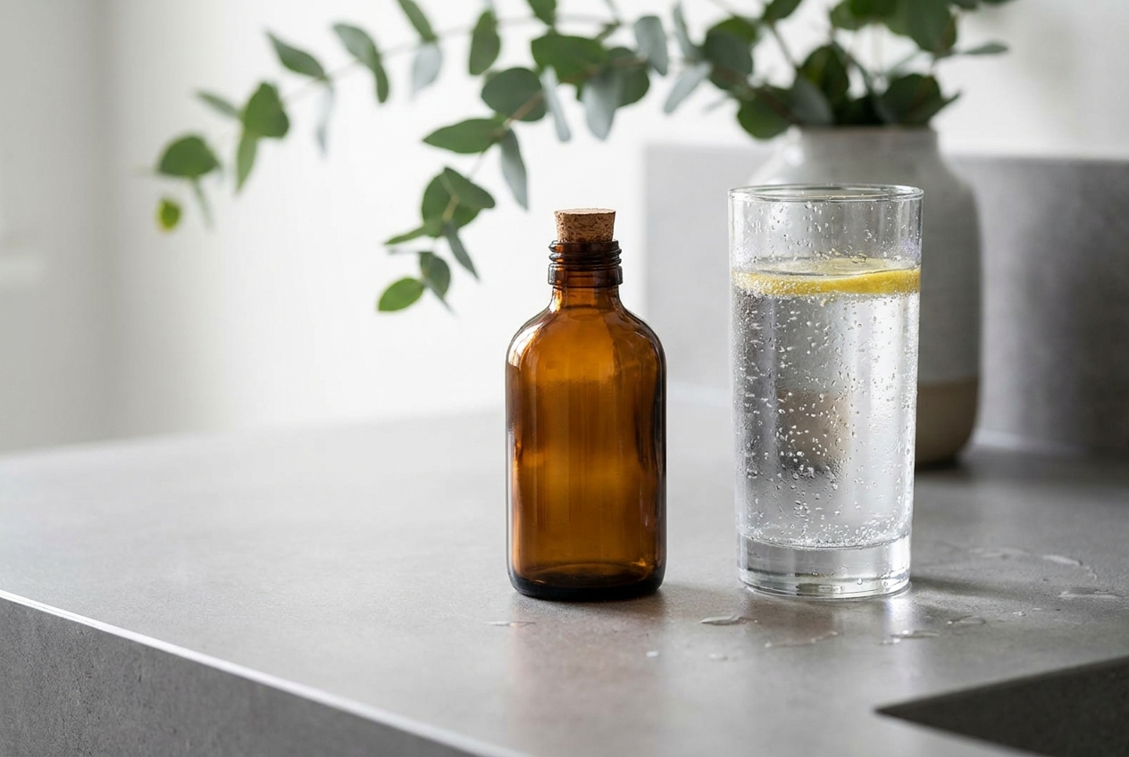 An unbranded amber glass supplement bottle resting next to a glass of water on a stone counter.