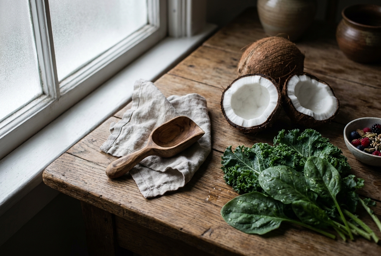 Close-up of split coconuts, leafy greens, and a wooden scoop on a rustic oak table.