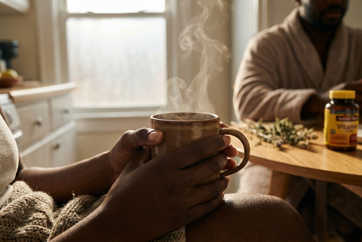 Close-up of hands gently holding a warm, steaming ceramic mug.