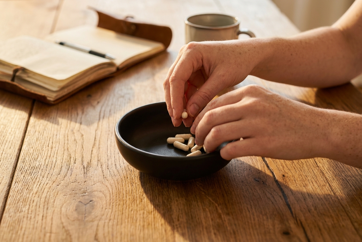 Close-up of hands organizing daily supplements into a small matte black ceramic dish.