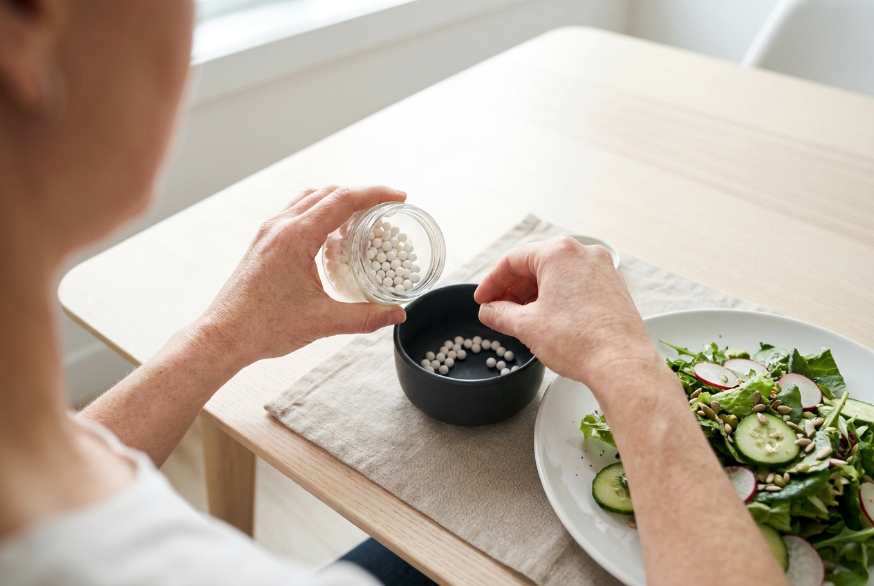 Hands carefully organizing small white supplement pellets on a ceramic dish next to a salad.