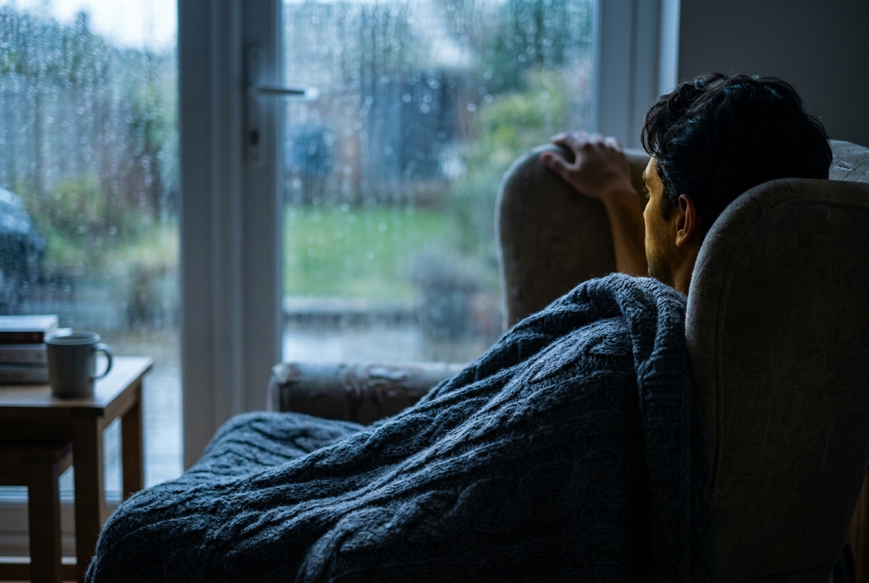 A man wrapped in a thick blanket resting quietly by a rainy window.