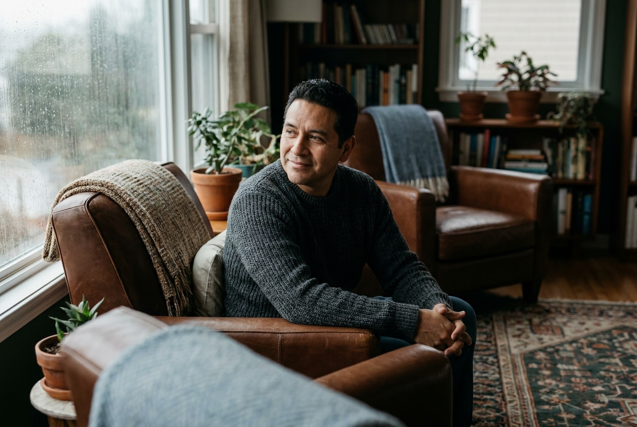 A man sitting peacefully by a rainy window, resting his hands on his knees.