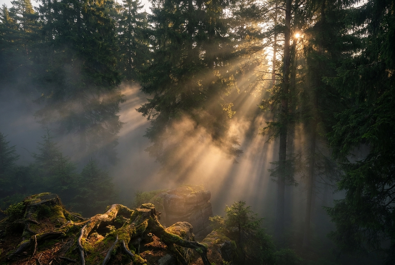 Warm sunlight piercing through heavy morning fog in a dense forest.