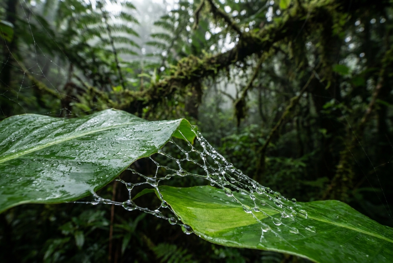 Macro shot of a lush green leaf breaking through a thick web of water droplets.