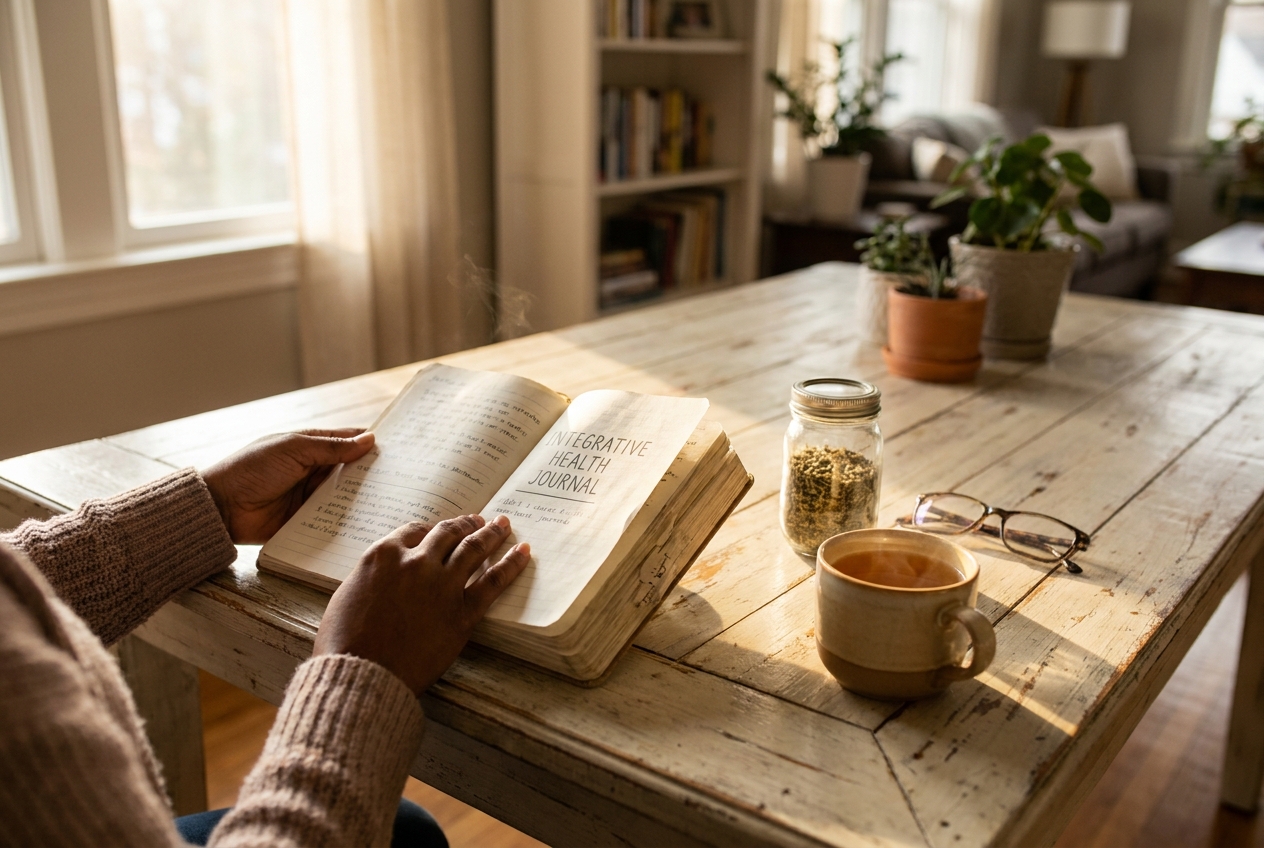 Hands of a woman holding a warm tea mug and reading a medical journal on an oak table.